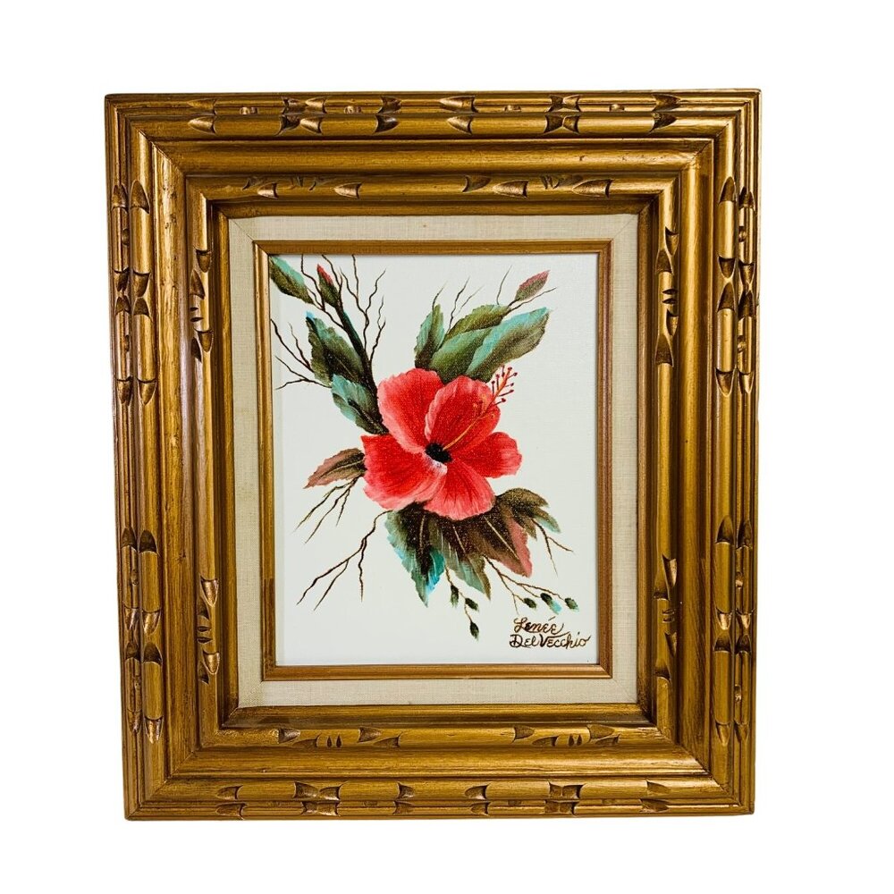 Hollywood Regency Original Floral Oil Painting Ornate Golden Wood Frame Signed